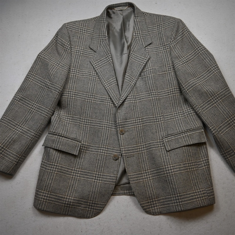 Vtg USA Made 44R Gray Houndstooth 100% Wool‎ Tweed Mens Blazer Jacket Sport Coat